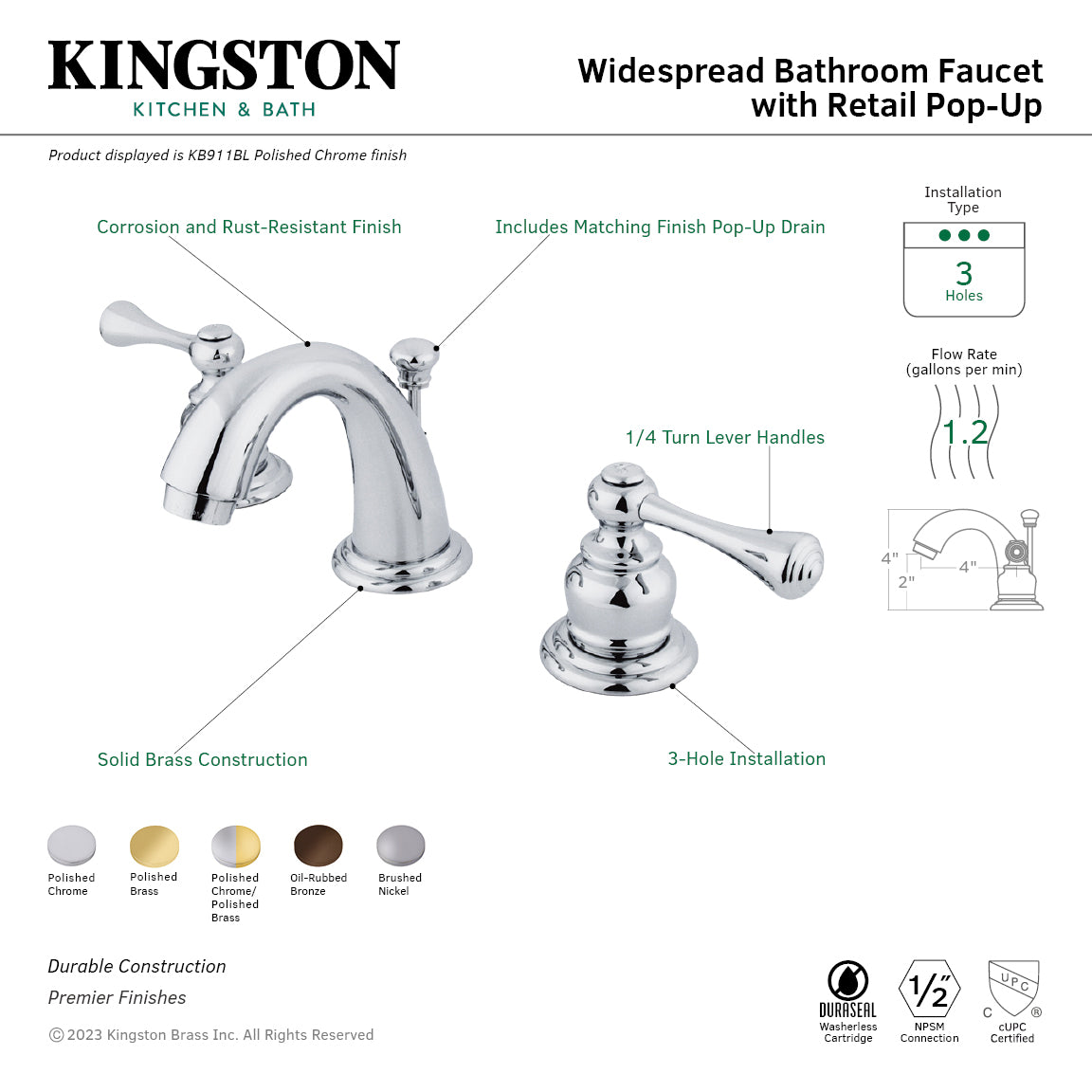 Kingston Tulare KB911BL - Vintage Two-Handle 3-Hole Deck Mount Widespread Bathroom Faucet with Pop-Up Drain, Polished Chrome — thumbnail 2
